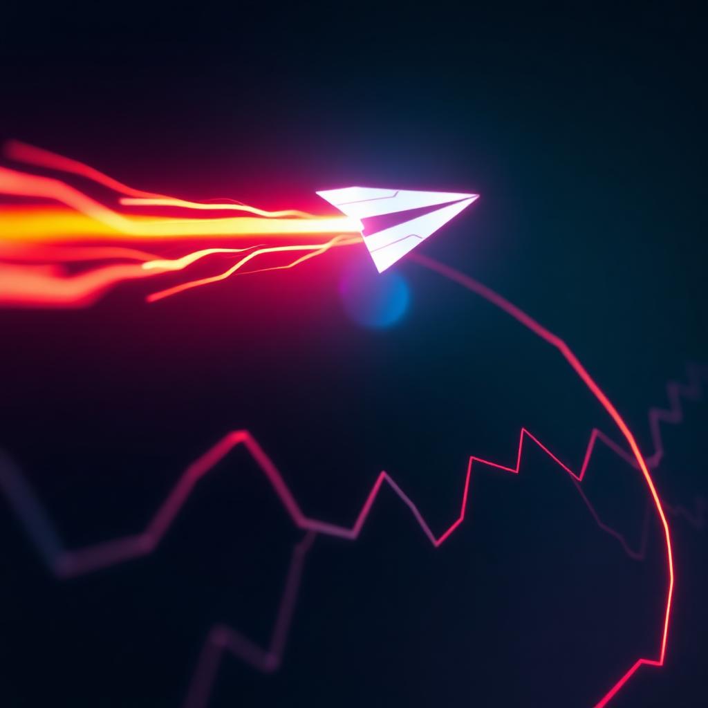 Neon paper-plane trail arcing over abstract growth chart lines