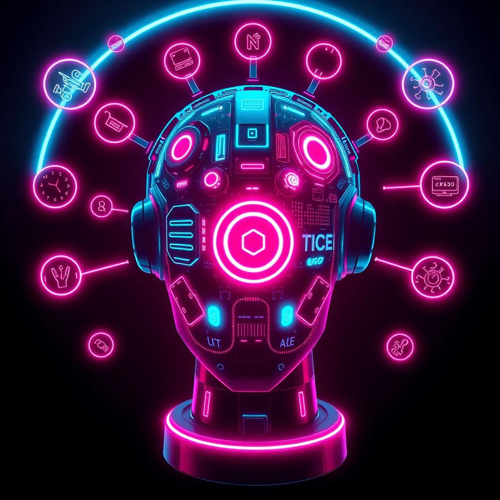 Neon AI robot head with tool icons orbiting around it
