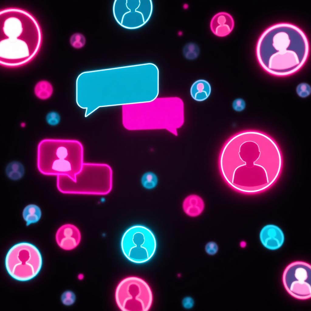 Glowing neon chat bubbles and community avatars floating in dark space