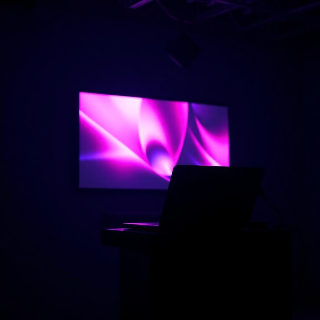Dark stage with a glowing screen and laptop suggesting an online course