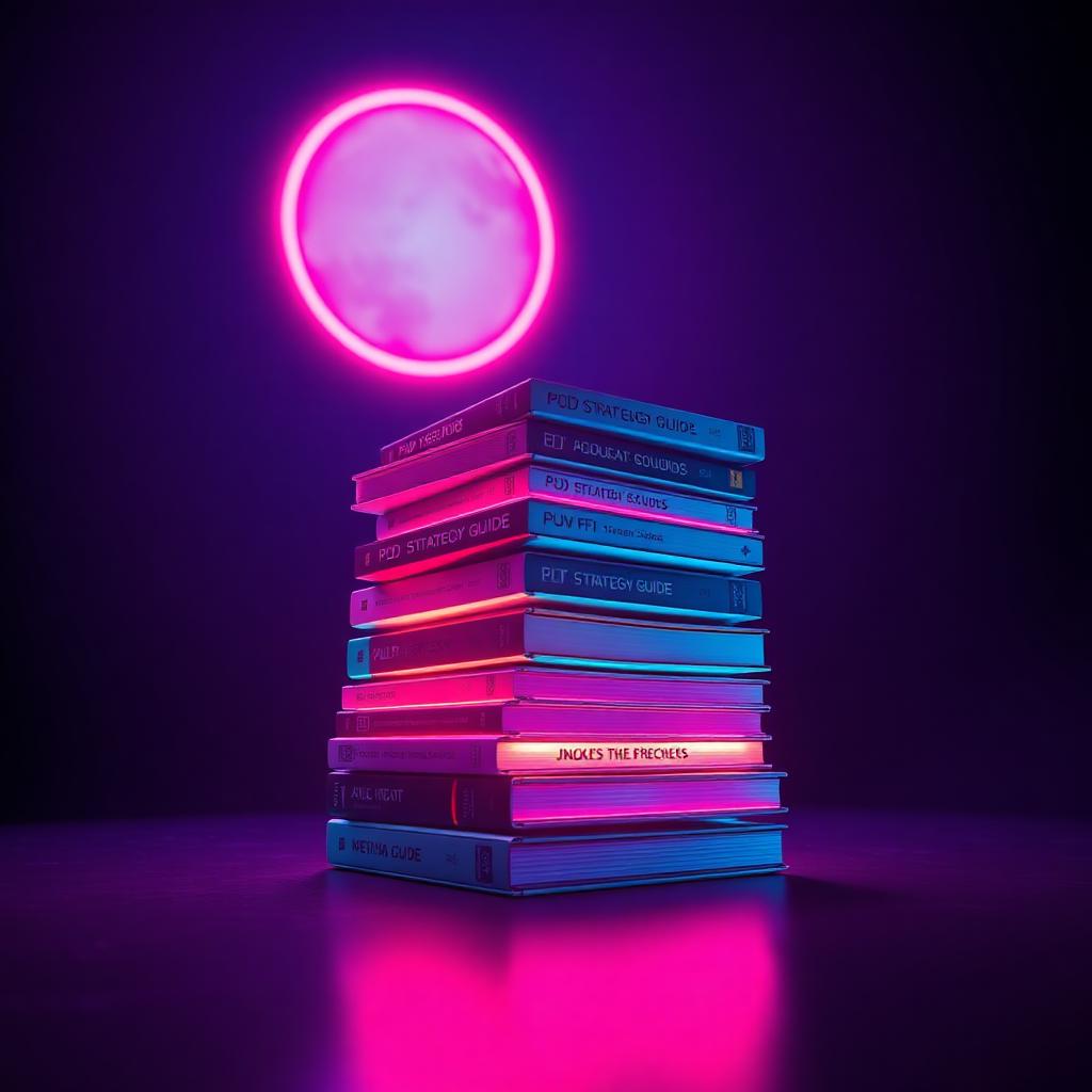 Stack of glowing neon ebooks and strategy guides in dark space