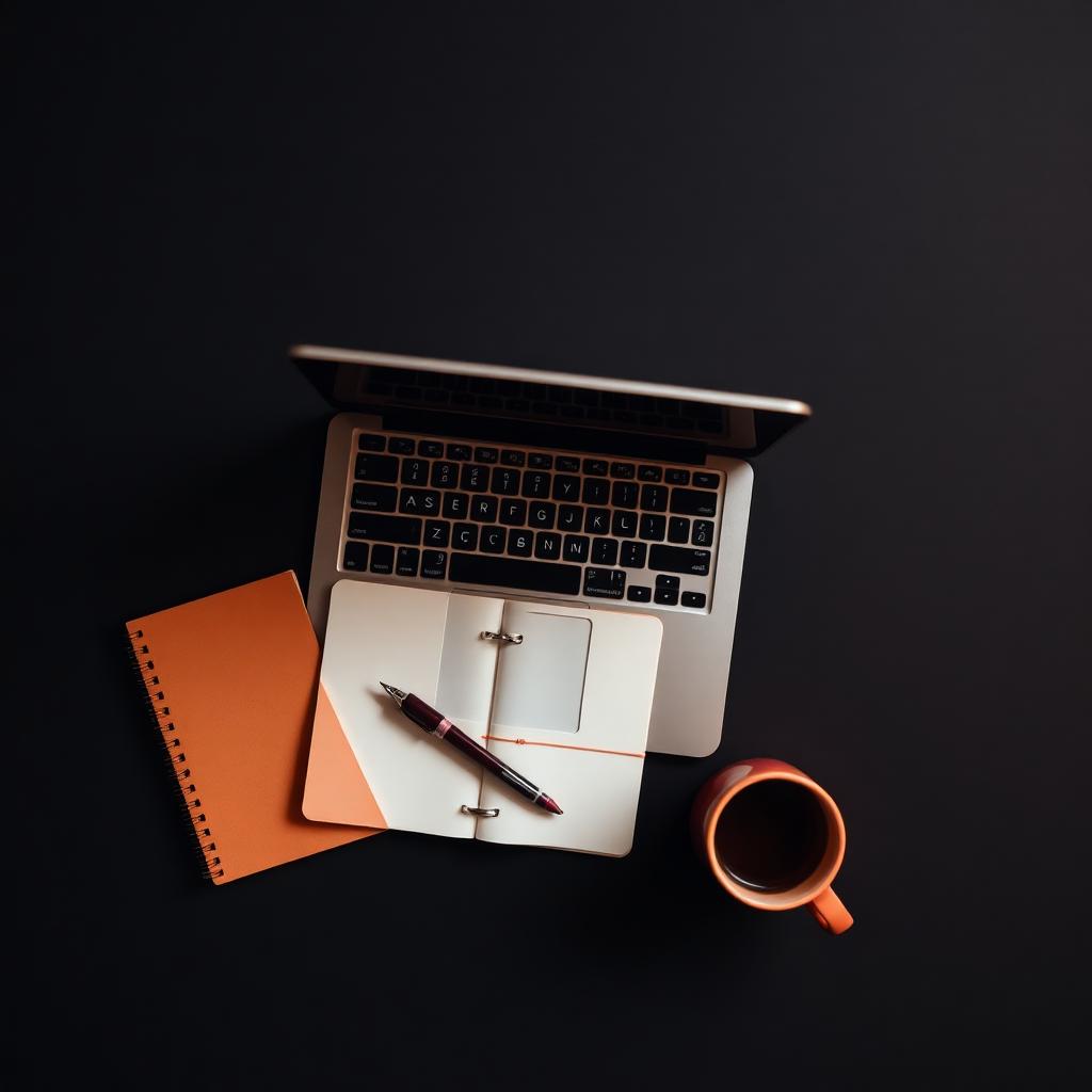 Overhead view of a freelance workspace with laptop, notebook, and coffee