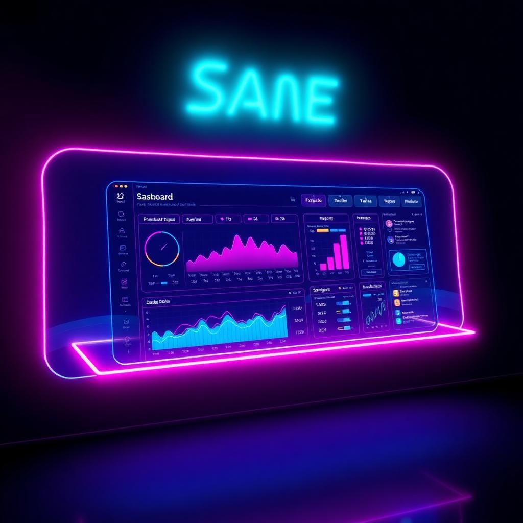 Neon glass SaaS dashboard floating with charts and app UI