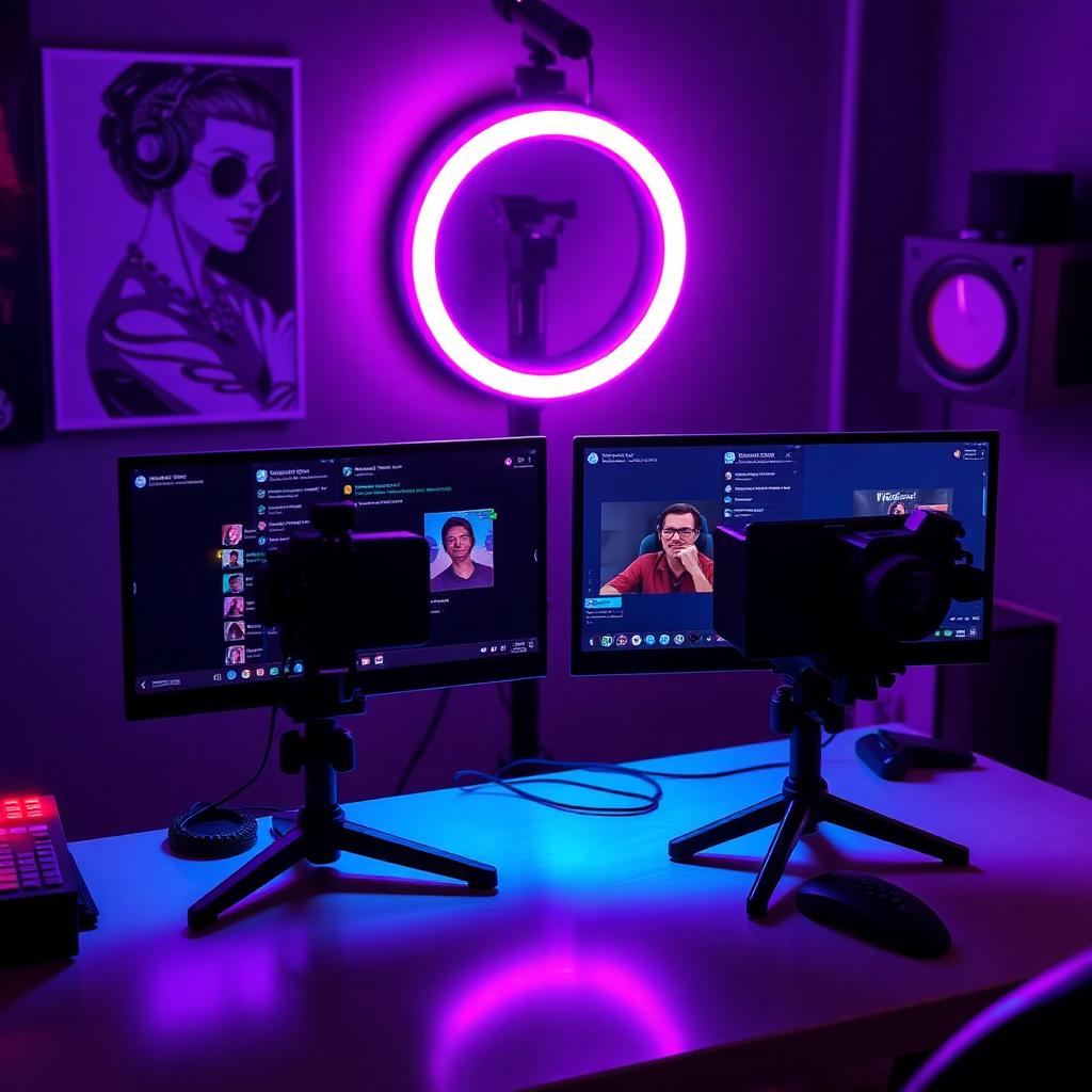 Neon-lit streaming setup with ring light and dual monitors showing chat