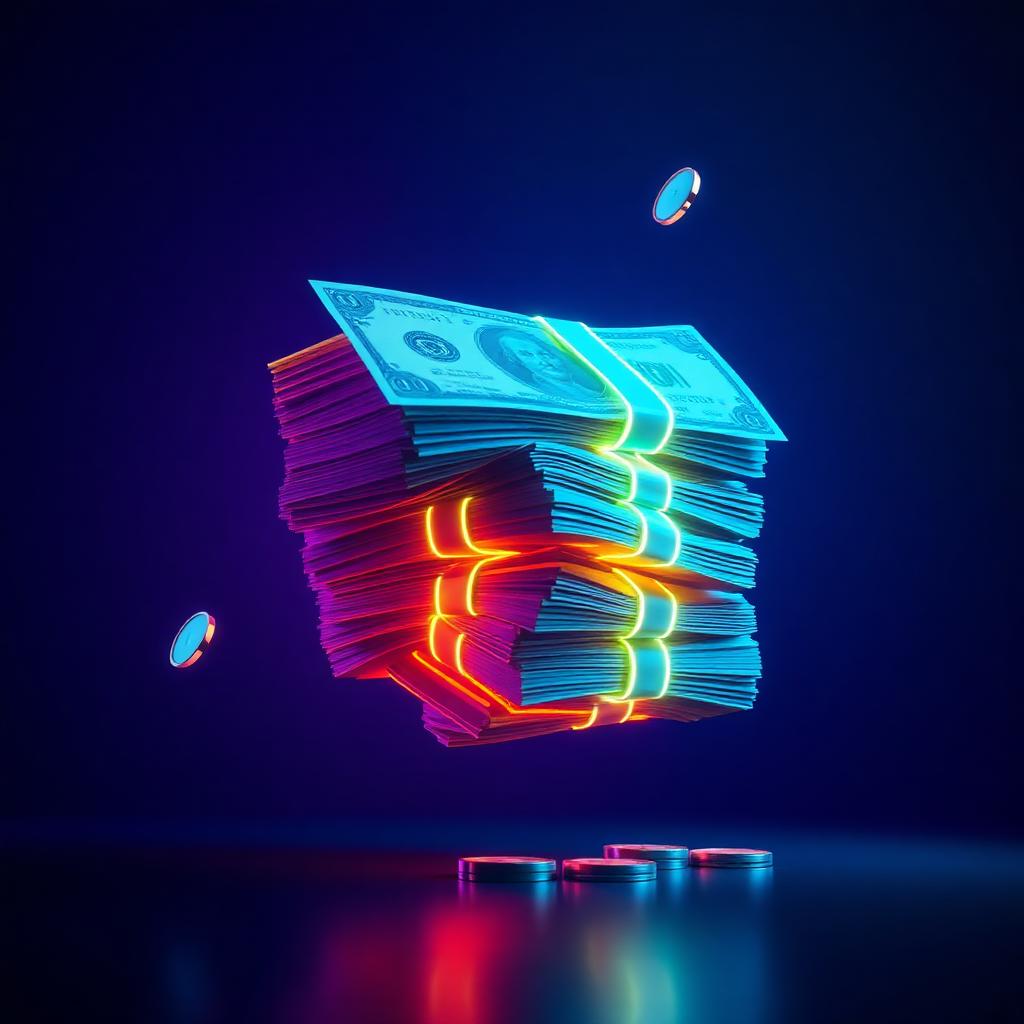 Neon-lit stack of cash representing money-making revenue