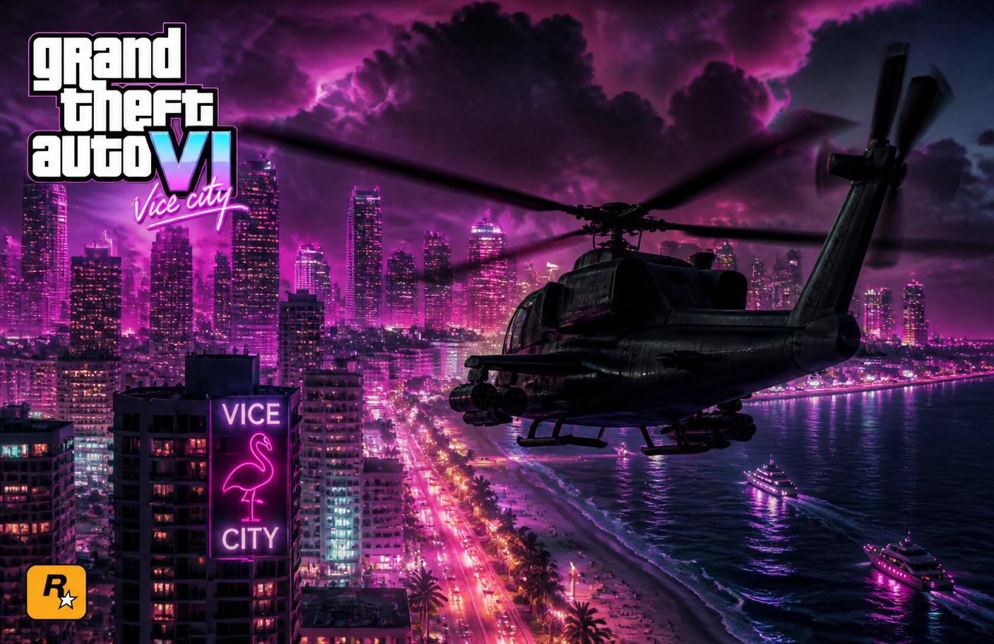 Neon helicopter over city skyline at sunset